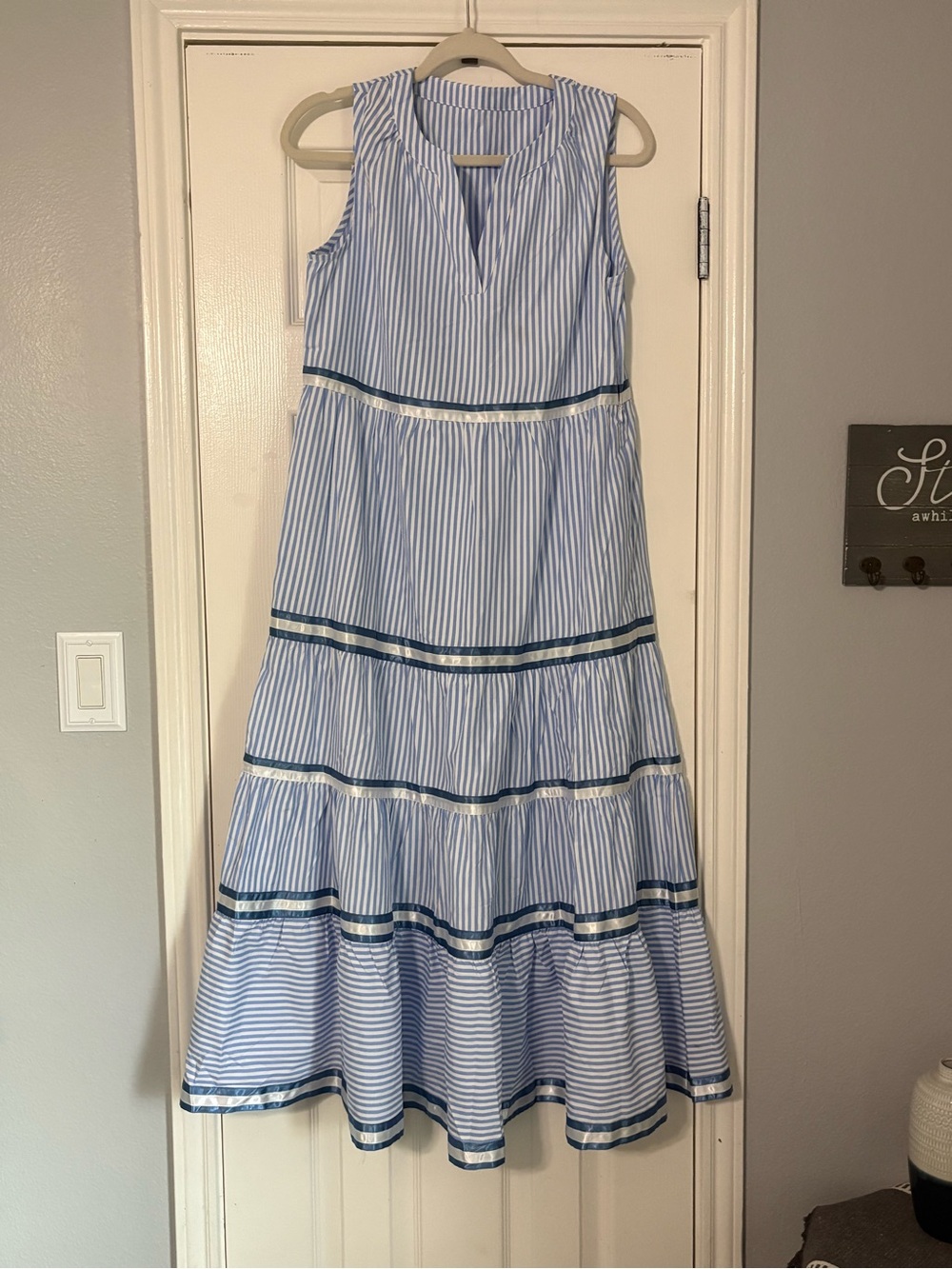 *Boutique* Sleeveless Blue & White Striped/Coastal Maxi Dress
